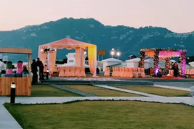 Mussoorie mountain view wedding setup with elegant decor